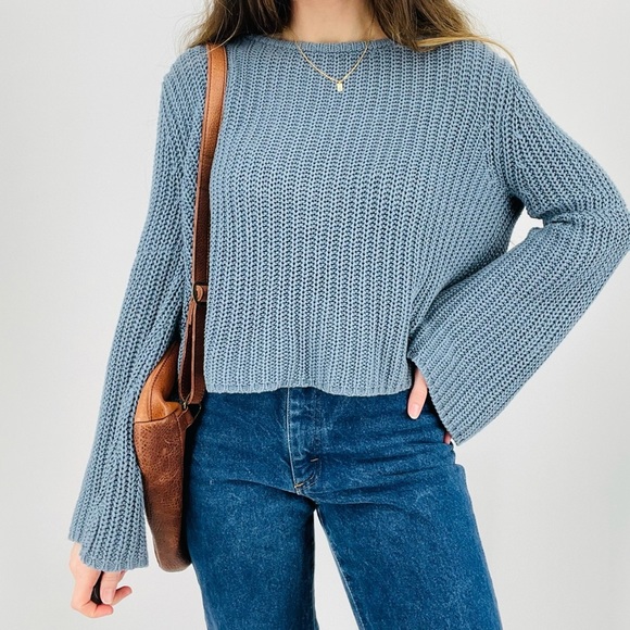 roxy sky blue boho beachy open back knit sweater flowy sleeve size s - Picture 4 of 8